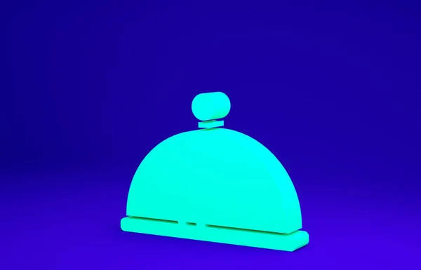 绿色的覆盖与托盘食物图标隔离蓝色背景。托盘和盖子。有盖子的餐厅面团。厨具符号。最低纲领的概念。3D渲染3D插图 — 图库照片