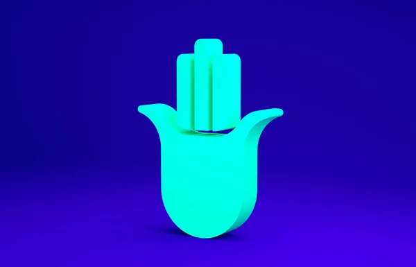 Icona a mano Hamsa verde isolata su sfondo blu. Mano di Fatima - amuleto, simbolo di protezione da occhio di diavolo. Concetto minimalista. Illustrazione 3d rendering 3D — Foto Stock