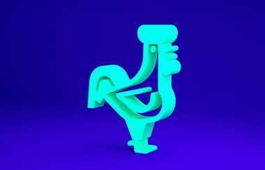 Mavi arka planda yeşil Fransız horoz ikonu izole edildi. Minimalizm kavramı. 3d illüstrasyon 3B canlandırma