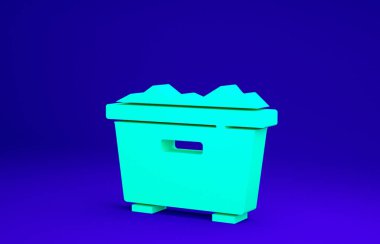 Mavi arkaplanda yeşil çöp kutusu simgesi izole edildi. Çöp kutusu tabelası. Sepet simgesini geri dönüştür. Ofis çöpü ikonu. Minimalizm kavramı. 3d illüstrasyon 3B canlandırma