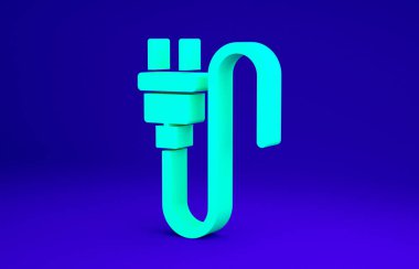 Mavi arkaplanda yeşil elektrik prizi simgesi izole edildi. Bağlantı kavramı ve elektriğin kesilmesi. Minimalizm kavramı. 3d illüstrasyon 3B canlandırma