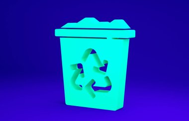 Mavi zemin üzerinde geri dönüşüm sembolü simgesi olan yeşil geri dönüşüm kutusu. Çöp kutusu simgesi. Çöp kutusu tabelası. Geri dönüşüm sepeti işareti. Minimalizm kavramı. 3d illüstrasyon 3B canlandırma