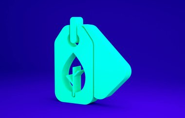 Mavi arkaplanda yaprak sembolü olan yeşil etiket. Pankart, etiket, etiket, logo, çevre yeşili etiketi. Minimalizm kavramı. 3d illüstrasyon 3B canlandırma