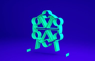 Yeşil dönme dolap simgesi mavi arkaplanda izole edildi. Eğlence parkı. Çocuklar için eğlence parkı, eğlence parkı. Minimalizm kavramı. 3d illüstrasyon 3B canlandırma