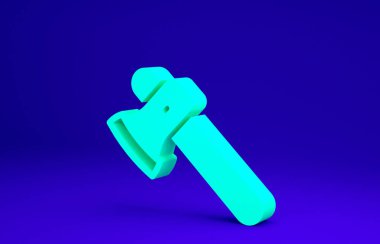 Mavi arkaplanda yeşil tahta balta simgesi var. Oduncu baltası. Minimalizm kavramı. 3d illüstrasyon 3B canlandırma