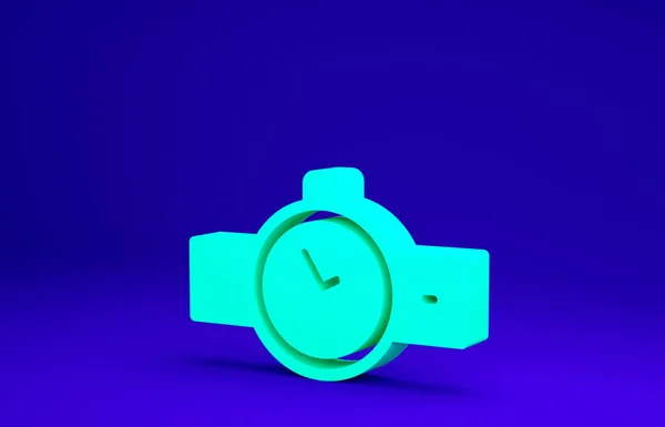 Ícone de relógio de pulso verde isolado no fundo azul. ícone de relógio de pulso. Conceito de minimalismo. 3D ilustração 3D render — Fotografia de Stock