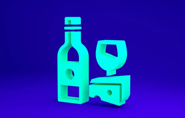 Garrafa de vinho verde com ícone de vidro e queijo isolado em fundo azul. Jantar romântico. Conceito de minimalismo. 3D ilustração 3D render — Fotografia de Stock