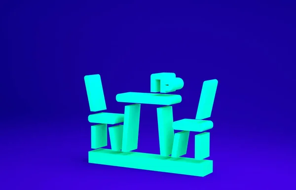 ไอคอนร้านกาแฟฝรั่งเศสสีเขียวแยกจากพื้นหลังสีฟ้า สตรีทคาเฟ่ค่ะ โต๊ะกับเก้าอี้ แนวคิดขั้นต่ํา ภาพ 3D 3D — ภาพถ่ายสต็อก
