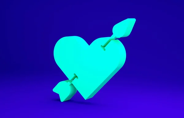 Зеленый символ Амура с изображением сердца и стрелки, выделенный на синем фоне. Знак любви. Символ Валентина. Концепция минимализма. 3D-рендеринг — стоковое фото