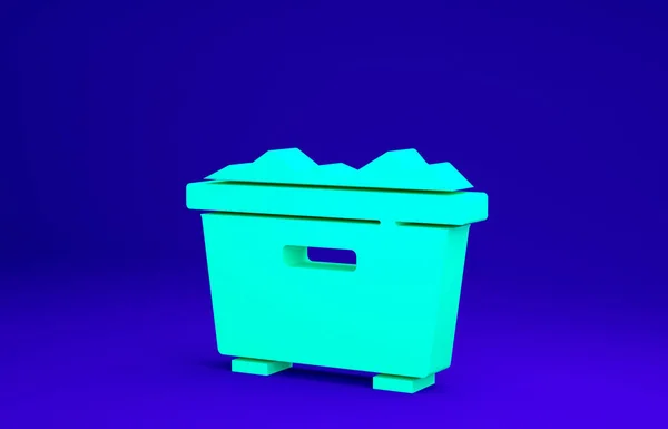 緑色のゴミ箱アイコンは青色の背景に隔離できます。ゴミのゴミ箱の看板。リサイクルバスケットのアイコン。オフィスのゴミアイコン。最小限の概念。3Dイラスト3Dレンダリング — ストック写真