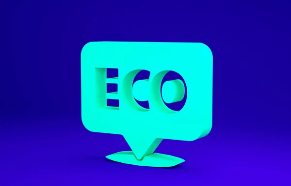 Banner verde, etiqueta, etiqueta, logotipo para eco verde ícone de comida saudável isolado no fundo azul. Produto orgânico. Adesivo alimentar saudável. Conceito de minimalismo. 3D ilustração 3D render — Fotografia de Stock