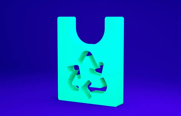 Зелений пластиковий пакет з піктограмою переробки ізольований на синьому фоні. Сумка з символом переробки. Концепція мінімалізму. 3D ілюстрація 3D рендеринга — стокове фото