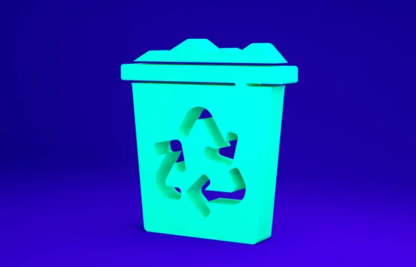 녹색 휴지통과 재활용 기호 아이콘이 파란색 배경에 분리되어 있습니다. 쓰레기는 아이콘이 될 수있습니다. 쓰레기통 표지판이야. 자전거 바구니 표지판. 미니멀리즘의 개념입니다. 3d 삽화 3D 렌더링 — 스톡 사진