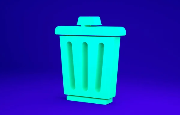 Ícone lata de lixo verde isolado no fundo azul. Sinal de lixeira. Ícone da cesta de reciclagem. Ícone de lixo do escritório. Conceito de minimalismo. 3D ilustração 3D render — Fotografia de Stock