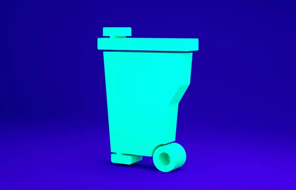 Green Trash can icon isolated on blue background. Garbage bin sign. Recycle basket icon. Office trash icon. Minimalism concept. 3d illustration 3D render — Stock Photo, Image