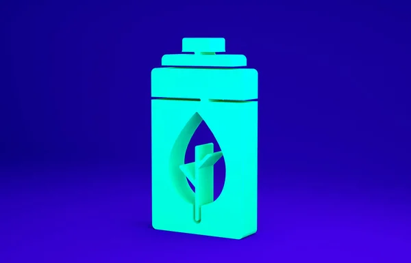 Green Eco foglia natura e icona della batteria isolato su sfondo blu. Energia basata sul concetto di risparmio ecologico. Concetto minimalista. Illustrazione 3d rendering 3D — Foto Stock