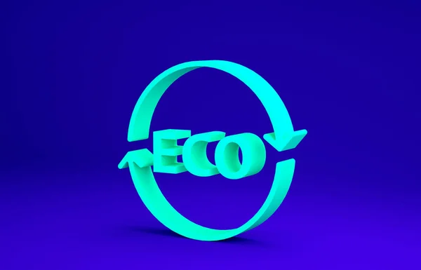 Bannière verte, étiquette, étiquette, logo pour éco-vert icône de la nourriture saine isolé sur fond bleu. Produit biologique. Sticker alimentation saine. Concept de minimalisme. Illustration 3D rendu 3D — Photo