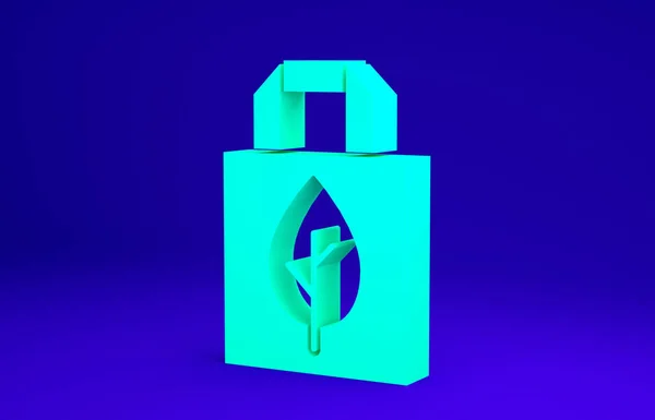 Saco de compras Green Paper com ícone de reciclagem isolado no fundo azul. Saco com símbolo de reciclagem. Conceito de minimalismo. 3D ilustração 3D render — Fotografia de Stock