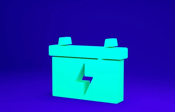 Ícone da bateria do carro verde isolado no fundo azul. Acumulador de energia da bateria e bateria acumulador de eletricidade. Conceito de minimalismo. 3D ilustração 3D render — Fotografia de Stock