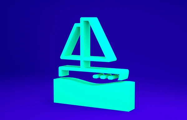 绿色游艇或帆船图标孤立在蓝色背景。游艇海上游轮旅行.最低纲领的概念。3D渲染3D插图 — 图库照片