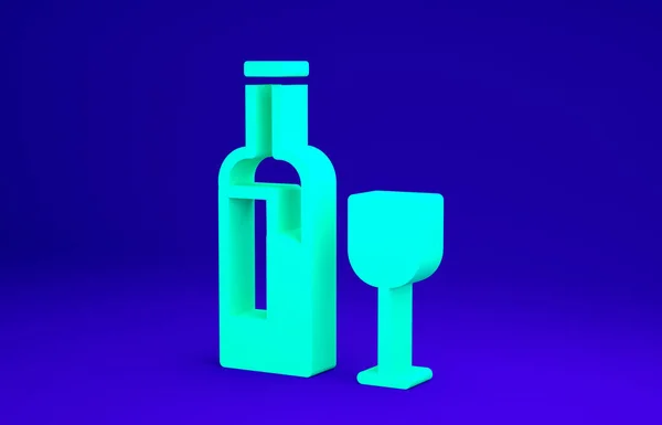 Groene wijnfles met glazen pictogram geïsoleerd op blauwe achtergrond. Minimalisme concept. 3d illustratie 3D renderen — Stockfoto