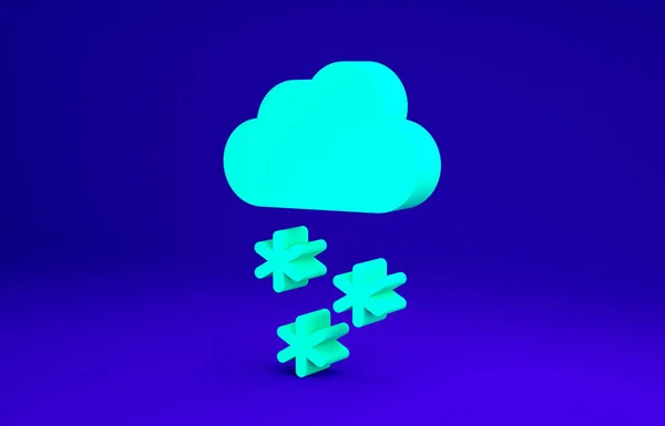 Πράσινο σύννεφο με εικονίδιο χιονιού απομονωμένο σε μπλε φόντο. Σύννεφο με νιφάδες χιονιού. Μονό καιρικό φαινόμενο. Χιονίζει. Μινιμαλιστική έννοια. 3d απεικόνιση 3D καθιστούν — Φωτογραφία Αρχείου