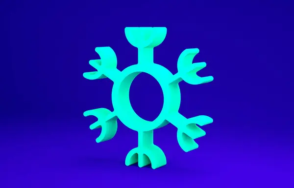 青の背景に隔離された緑のスノーフレークアイコン。最小限の概念。3Dイラスト3Dレンダリング — ストック写真