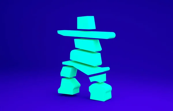 Icono verde de Inukshuk aislado sobre fondo azul. Concepto minimalista. 3D ilustración 3D render —  Fotos de Stock
