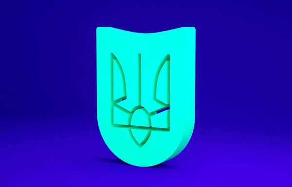 Verde emblema nacional de Ucrania icono aislado sobre fondo azul. Tridente ucraniano. Concepto minimalista. 3D ilustración 3D render — Foto de Stock