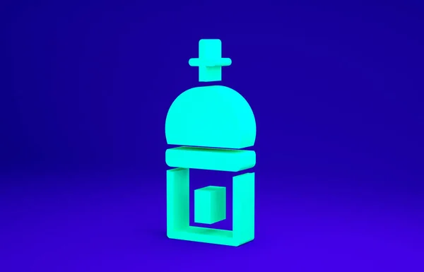 Icono de torre de iglesia cristiana verde aislado sobre fondo azul. Religión de la iglesia. Concepto minimalista. 3D ilustración 3D render — Foto de Stock