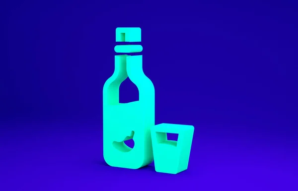 Zöld vodka borssal és üveg ikon elszigetelt kék háttérrel. Ukrán nemzeti alkohol. Minimalizmus koncepció. 3d illusztráció 3D render — Stock Fotó