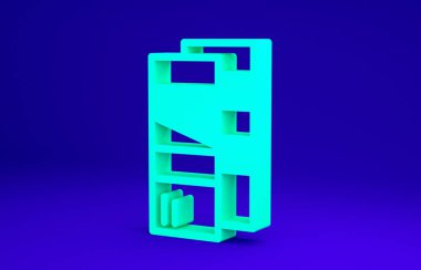 Mavi arka planda izole edilmiş yeşil Pantone palet kitap örneği boya ikonu. Gökkuşağı pantonlu boya masası. Minimalizm kavramı. 3d illüstrasyon 3B canlandırma