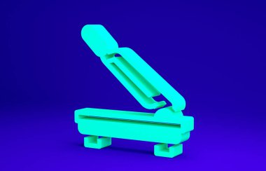 Mavi arkaplanda yeşil kağıt kesicisi simgesi izole edildi. Minimalizm kavramı. 3d illüstrasyon 3B canlandırma