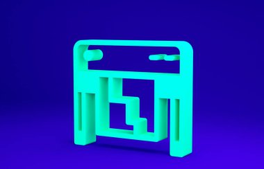 Mavi arkaplanda yeşil çizici simgesi izole edildi. Büyük format çok fonksiyonlu yazıcı. Yalan makinesi, matbaa hizmeti. Minimalizm kavramı. 3d illüstrasyon 3B canlandırma