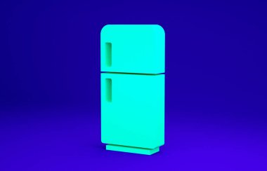 Yeşil Buzdolabı simgesi mavi arkaplanda izole edildi. Buzdolabı buzdolabı. Ev aletleri ve aletler. Minimalizm kavramı. 3d illüstrasyon 3B canlandırma