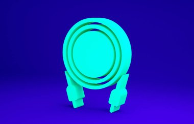 Mavi arkaplanda Green Audio Jack simgesi izole edildi. Bağlantı ses ekipmanları için ses kablosu. Fiş kablosu. Müzik aleti. Minimalizm kavramı. 3d illüstrasyon 3B canlandırma