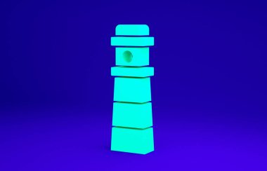 Yeşil Deniz feneri simgesi mavi arkaplanda izole edildi. Minimalizm kavramı. 3d illüstrasyon 3B canlandırma