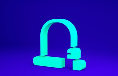 Mavi arka planda izole edilmiş yeşil bisiklet kilidi U şeklindeki endüstriyel simge. Minimalizm kavramı. 3d illüstrasyon 3B canlandırma