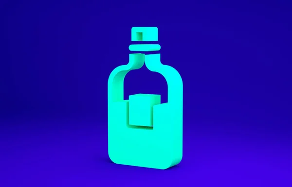 Зеленая стеклянная бутылка с иконой водки на синем фоне. Концепция минимализма. 3D-рендеринг — стоковое фото