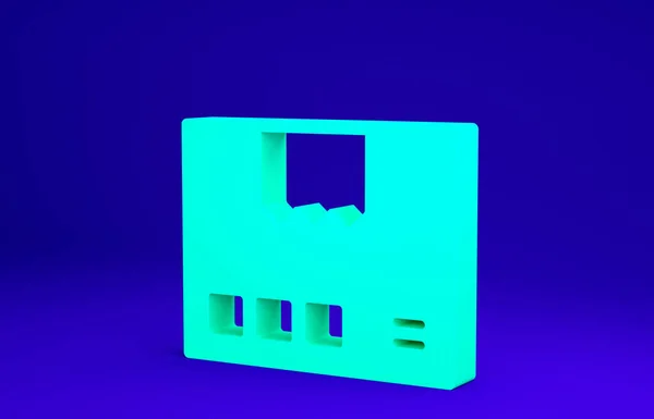 Zielone kartonowe pudełko ikona odizolowana na niebieskim tle. Pudełko, paczka, znak paczki. Dostawa i pakowanie. Koncepcja minimalizmu. Ilustracja 3D 3D renderowania — Zdjęcie stockowe
