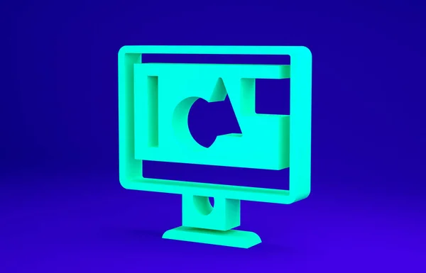Green Computer monitor screen icon isolated on blue background. Electronic device. Front view. Minimalism concept. 3d illustration 3D render