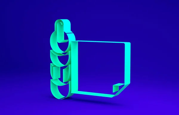 Zöld tekercs papír ikon elszigetelt kék háttérrel. Minimalizmus koncepció. 3d illusztráció 3D render — Stock Fotó