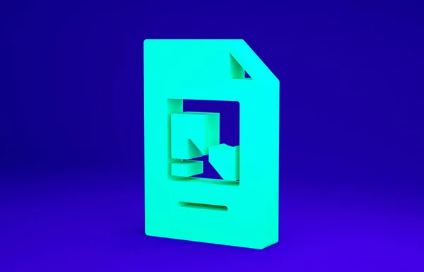青の背景にアイコンが分離された緑のファイル文書。チェックリストのアイコン。ビジネスコンセプト。最小限の概念。3Dイラスト3Dレンダリング — ストック写真