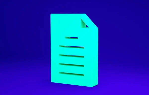 Піктограма документа зеленого файла ізольовано на синьому фоні. Піктограма контрольного списку. Бізнес-концепція. Концепція мінімалізму. 3D ілюстрація 3D рендеринга — стокове фото