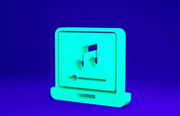 Laptop verde con símbolo de nota musical en el icono de la pantalla aislado sobre fondo azul. Concepto minimalista. 3D ilustración 3D render — Foto de Stock