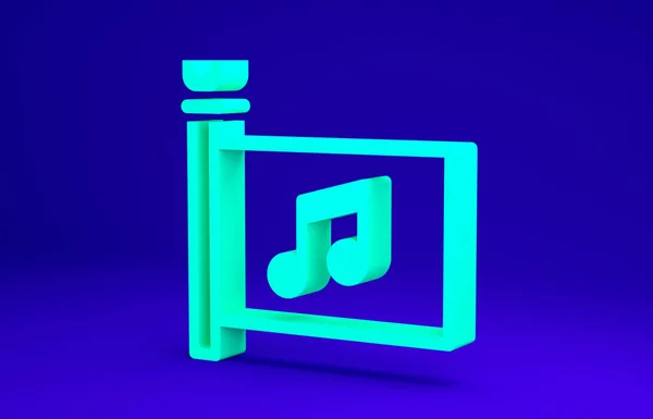 Зеленый музыкальный фестиваль, вход, флаг, значок ноты на синем фоне. Концепция минимализма. 3D-рендеринг — стоковое фото