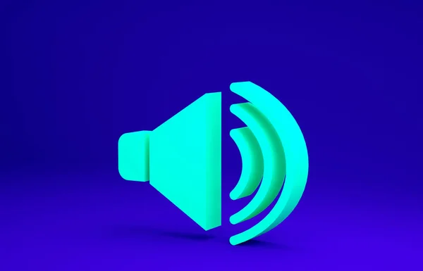 Volumen del altavoz verde, símbolo de sonido de voz de audio, icono de música multimedia aislado sobre fondo azul. Concepto minimalista. 3D ilustración 3D render —  Fotos de Stock