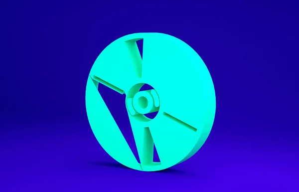 Зелений CD або DVD-диск ізольовані на синьому фоні. Компактний знак диска. Концепція мінімалізму. 3D ілюстрація 3D рендеринга — стокове фото