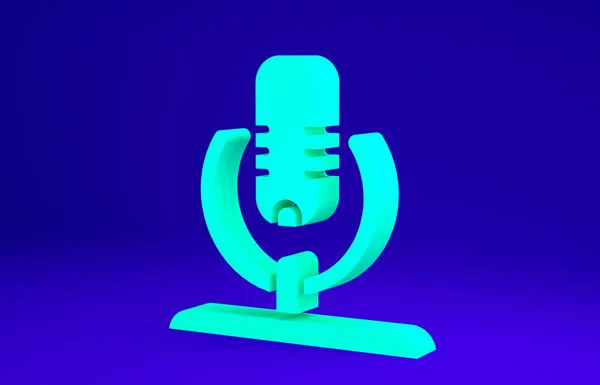 Icona microfono verde isolato su sfondo blu. Sul microfono radio in onda. Segnale di altoparlante. Concetto minimalista. Illustrazione 3d rendering 3D — Foto Stock