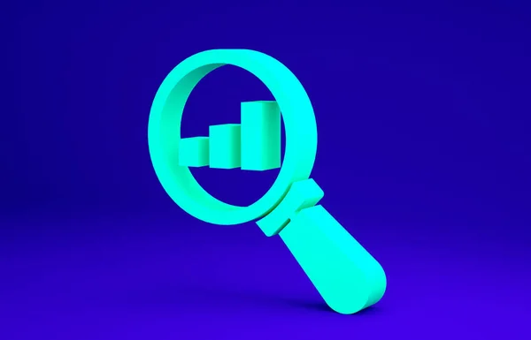 Lupa verde e icono de análisis de datos aislado sobre fondo azul. Concepto minimalista. 3D ilustración 3D render — Foto de Stock